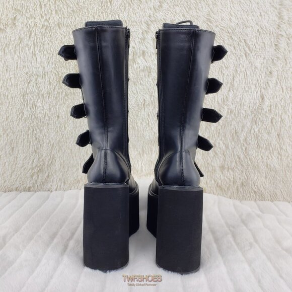 Swing 220 Multi Buckle Black Matte Leatherette Goth Mid-Calf Boot 5.5" Platforms - Picture 13 of 13